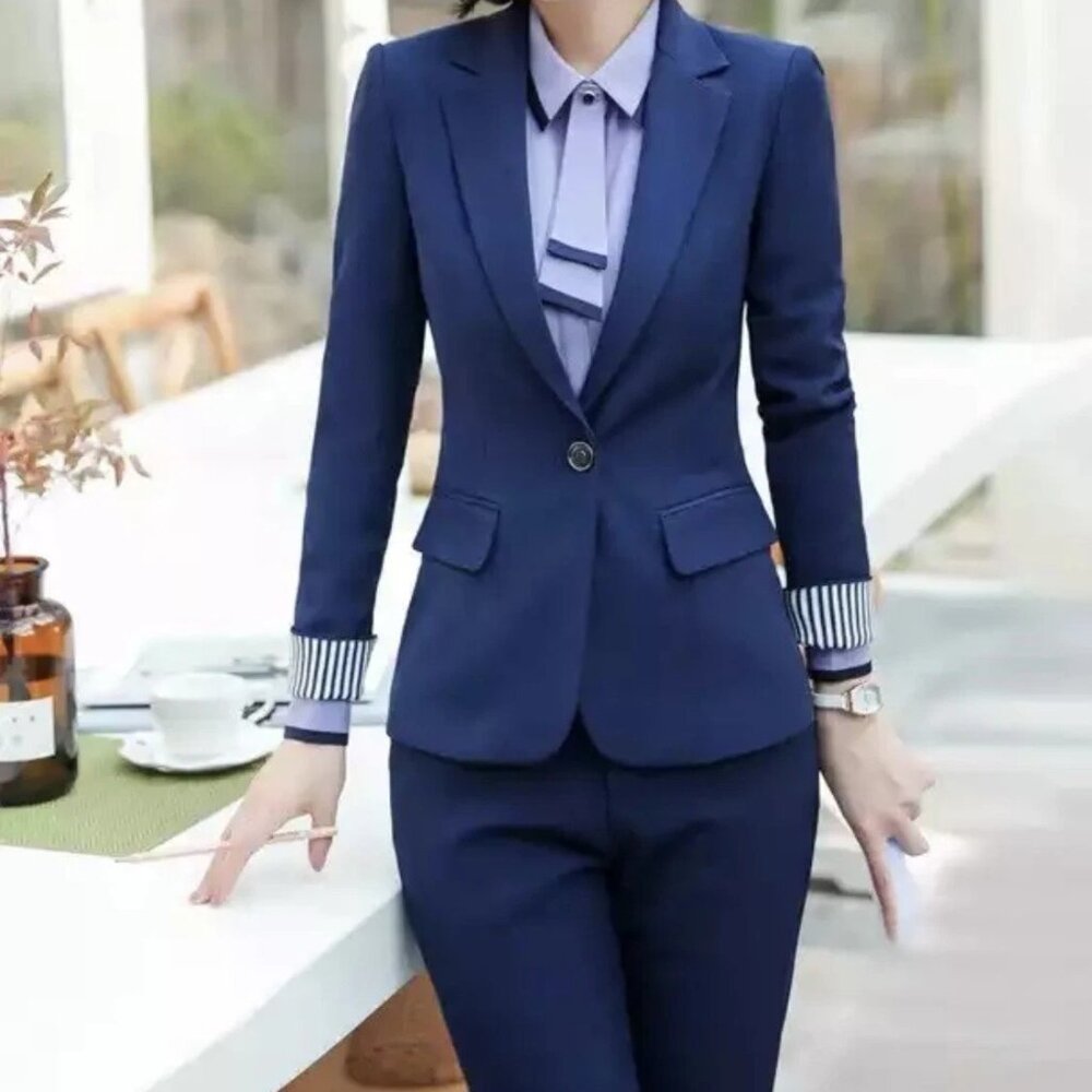 Blue Formal Elegant Female Pantsuits Professional Business Jackets And Pants